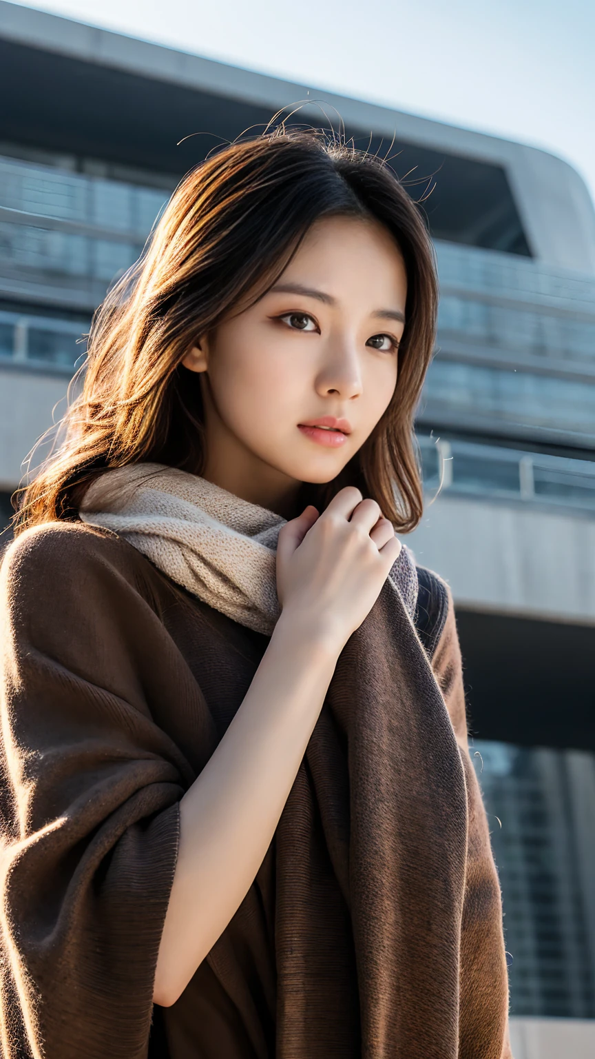 masterpiece,best quality,ultra detailed,highres,high-resolution,4k,realistic,RAW photo,((real person)),portrait photography,photorealistic,detailed skin,(delicate black eyes ), A soothing woman with sagging eyes,Calm and calm, middle hair,skinny,clothing,The wind is blowing,tareme、Standing on the edge of a rooftop of a skyscraper, a woman resembling a goddess, draped in a scarf covering her chest and intimate area.