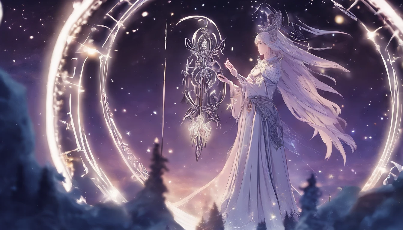 a magical scenery in the background. 🌟✨
!Anime Elf with Magical Background Young elf holds an ancient scroll with frayed edges. The runes and symbols inscribed on it appear to pulse in response to the circle of light. She deciphers the ancient words, seeking to understand its meaning and the purpose of the circle. Magic flows through her, connecting her to the past and future. 🌿🌙✨
The guardian emerges from the shadows of the circle of light, its ethereal and imposing form. He has eyes shining like stars and majestic wings that stretch to his sides.. Your skin is marked by ancient runes, and he holds a staff adorned with luminous crystals. The guardian whispers ancient secrets to the elf, revealing the purpose of the circle and the destiny that awaits her. She kneels, humble and reverent, ready to accept her role in the great mystery that unfolds. 🌟🔮✨