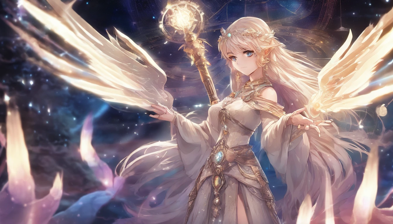 a magical scenery in the background. 🌟✨
!Anime Elf with Magical Background Young elf holds an ancient scroll with frayed edges. The runes and symbols inscribed on it appear to pulse in response to the circle of light. She deciphers the ancient words, seeking to understand its meaning and the purpose of the circle. Magic flows through her, connecting her to the past and future. 🌿🌙✨
The guardian emerges from the shadows of the circle of light, its ethereal and imposing form. He has eyes shining like stars and majestic wings that stretch to his sides.. Your skin is marked by ancient runes, and he holds a staff adorned with luminous crystals. The guardian whispers ancient secrets to the elf, revealing the purpose of the circle and the destiny that awaits her. She kneels, humble and reverent, ready to accept her role in the great mystery that unfolds. 🌟🔮✨