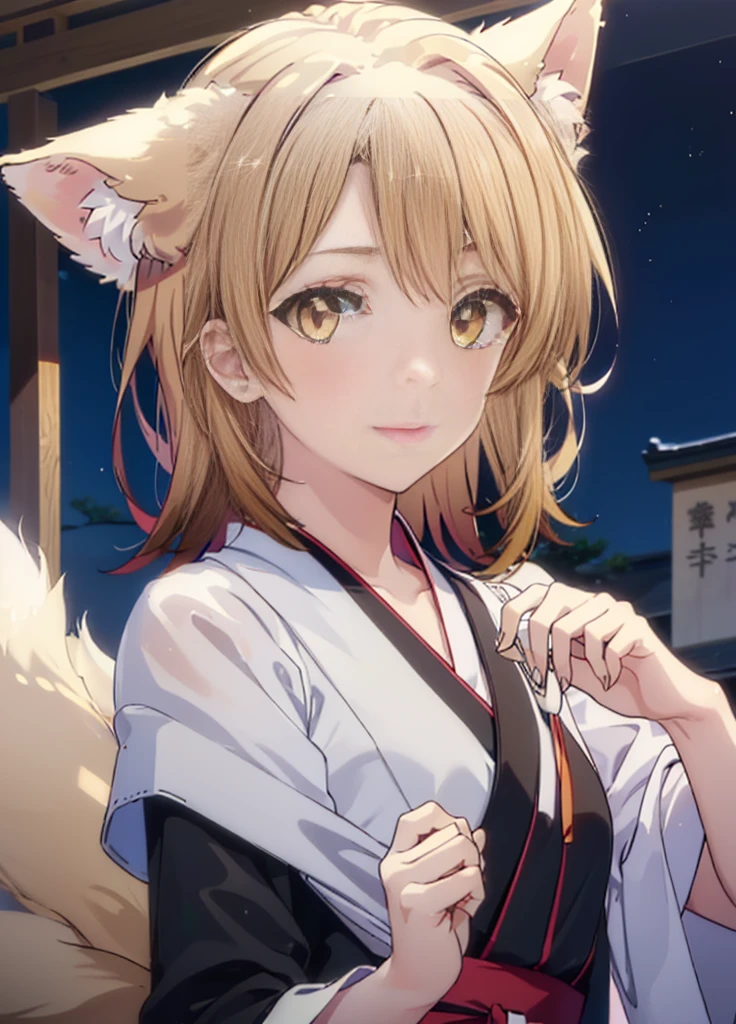 Irohaisshiki, isshiki iroha, Long Hair, Light brown hair, (Brown eyes:1.5), smile,Animal ears,Fox Ears,Animal tails　Fox&#39;s Tail,Flower Hair Ornaments,Yukata with yellow floral pattern,Long skirt,Sandals,firework in the night sky,firework,The place is a firework display,Time is night,sunny day,イラストにwhole bodyが写っているか確認する,whole bodyがイラストに入るように,
break outdoors, 神社
break looking at viewer,whole body,
break (masterpiece:1.2), Highest quality, High resolution, unity 8k wallpaper, (figure:0.8), (beautiful deしっぽed eyes:1.6), extremely deしっぽed face, Perfect lighting, extremely deしっぽed CG, (Perfect hands, Perfect Anatomy),