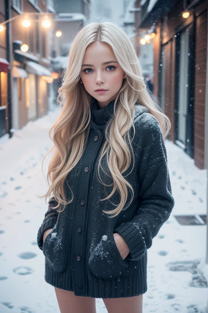 professional photograph of a beautiful norwegian girl in summer clothes with long wavy blonde hair, sensual and seductive look, beautiful symmetrical face, beautiful natural makeup, wearing chic warm winter fashion clothing, ((standing outside on the snowy city street)), impressive modern urban environment, ultra realistic, conceptual artwork, chic, highy detailed, intricate, sharp focus, Depth of field, f/1. 8, 85 mm, medium shot, mid shot, (((professional color grading))), soft and bright diffused light, (Volumetric fog), Trends on Instagram, HD 4k, 8K