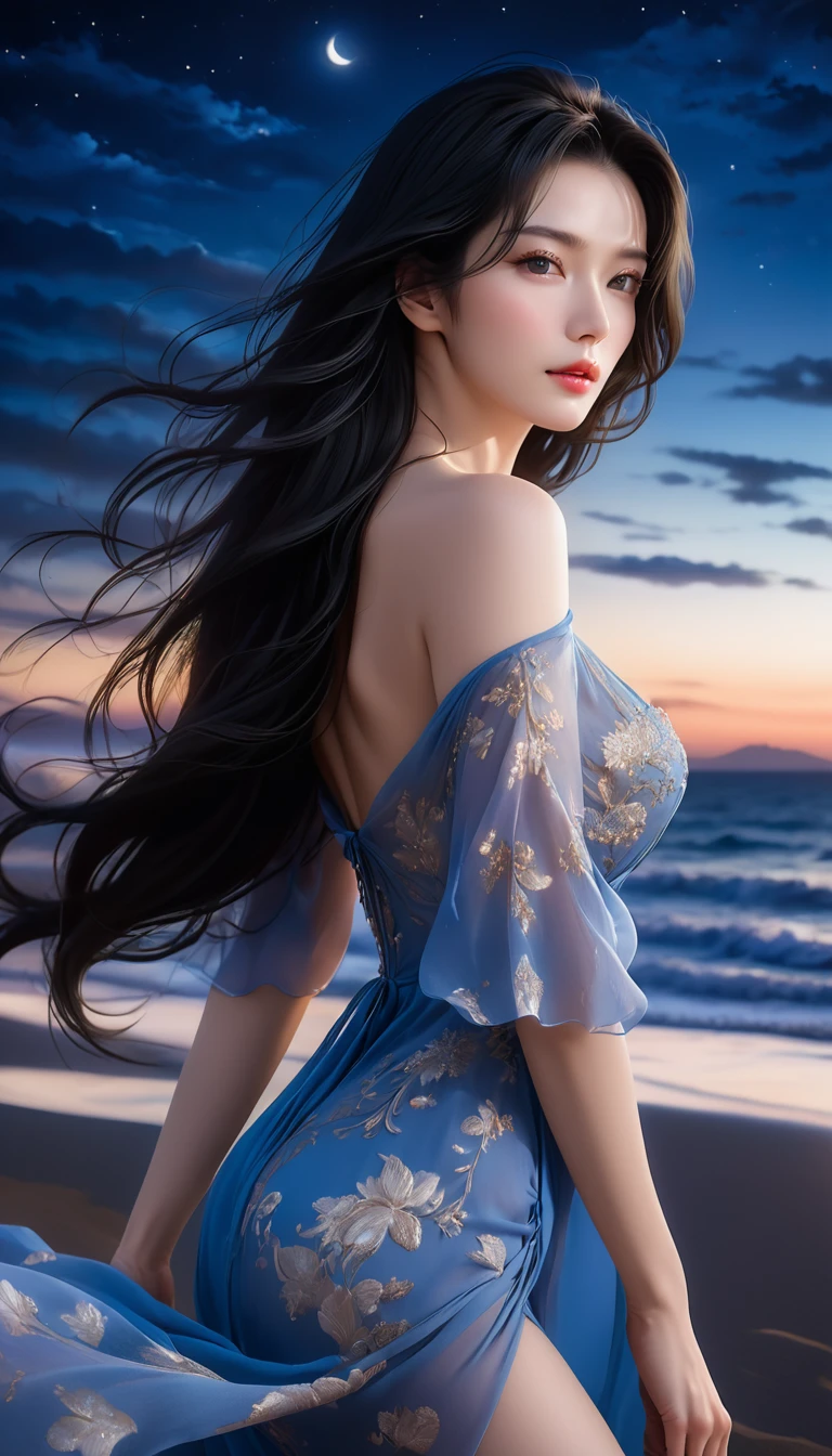 4K resolution, 8K resolution, beautiful, Highest quality, Absolutely wonderful, Very detailed, Ultra-high resolution, masterpiece, RAW Photos, Realistic, Depth of written boundary, Cinematic Light,
One elegant mature woman,
Long black hair, 精巧なディテールのbeautiful顔, A calm and loving face, Transparent white skin, Very sensitive skin, Great proportions, Glamorous Body, Anatomically correct body,
High leg swimsuit, Summery design, Beautifully detailed pattern, Detailed cloth texture,
(Night sky background:1.1), (Dark sandy beach at night:1.1),
(Close-up shot of face:1.1),