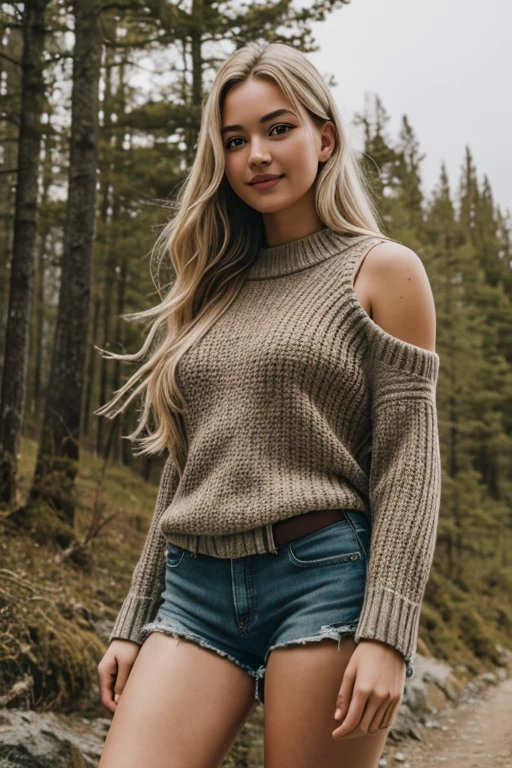 1girl in, full body portrait, 19 year old girl hiking, determined expression, Solo, Long hair, Colossal , view the viewer, blond hair, Bare shoulders, Brown eyes, cropped shoulders, Sweaters, Realistic, happy grin and is (((hiking))), sharp focus, sense of awe, ethereal lighting, dramatic, composition, epic scale, sense of awe, ultra-high res.photorealistic:.1.4, (high detailed skin:1.2), 8k uhd, dslr, high quality, film grain, Fujifilm XT3