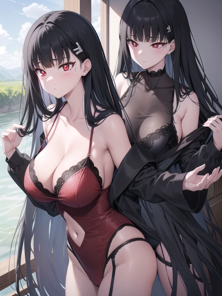 Rivertsukatsuki, River, black hair, (red eyes:1.5), hair ornament, hairclip, Halation, long hair,
、Extremely large breasts(4700)、 Huge 、Two people、lace devil lingerie、A girl with long black hair and long grey hair