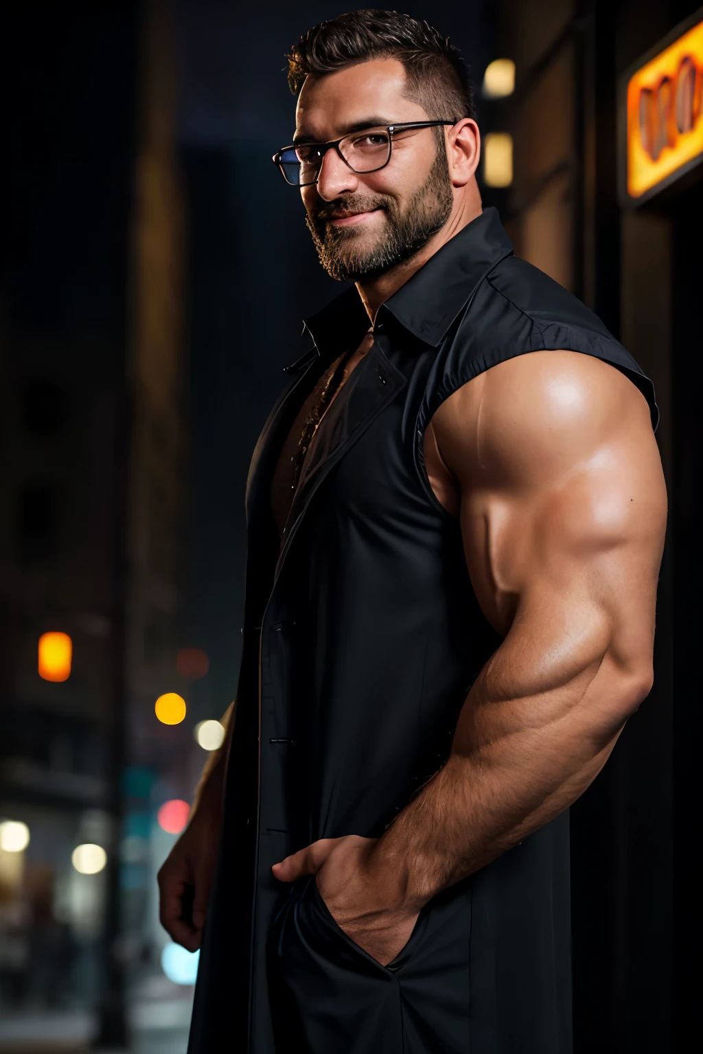 An original award-winning photo，A wild muscular man, (40 years old daddy:1.1), 1st grade, standing alone, (trenchcoat marrom), (black dress shirt), (large shoulders, stubbles, short beard, Beautiful  eyes:1.3, ), (face detailed:1.3), wearing glasses, smiles, Dynamic angle, Volumetric lighting, (best quality, A high resolution, photorrealistic), Cinematic lighting, master part, Foto RAW, details Intricate, HDR, Depth of field, upper-body shot, dadbody, hairy(stocky), beefy