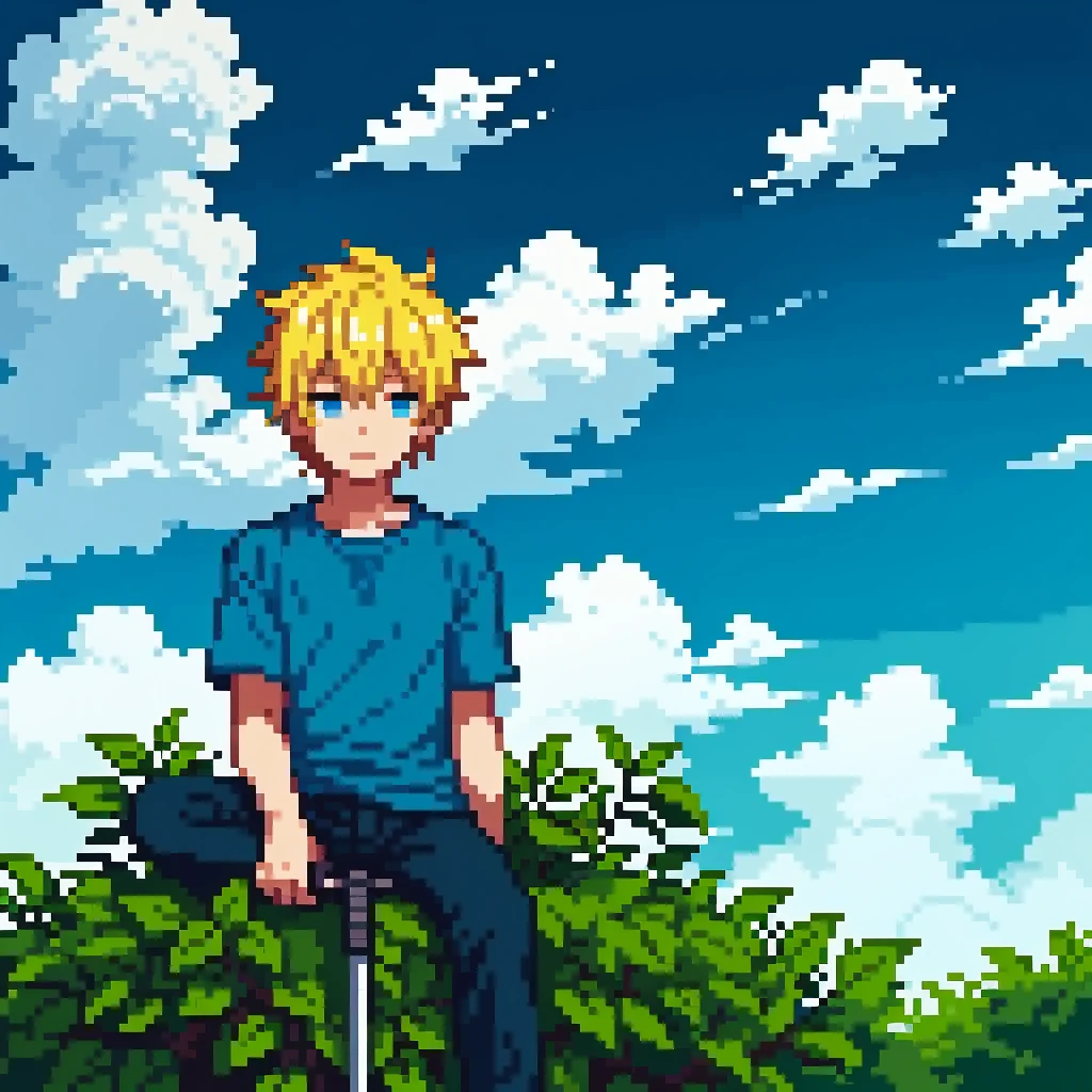 A boy with long yellow hair, sitting on a cut tree, watching clouds blowing with rain, his face is sad, he wears a blue shirt and has a sword Made of grass, (maximum quality, maximum details, 4k, 8k, light tones, high polish:1.2, sunlight between clouds, land of oh)