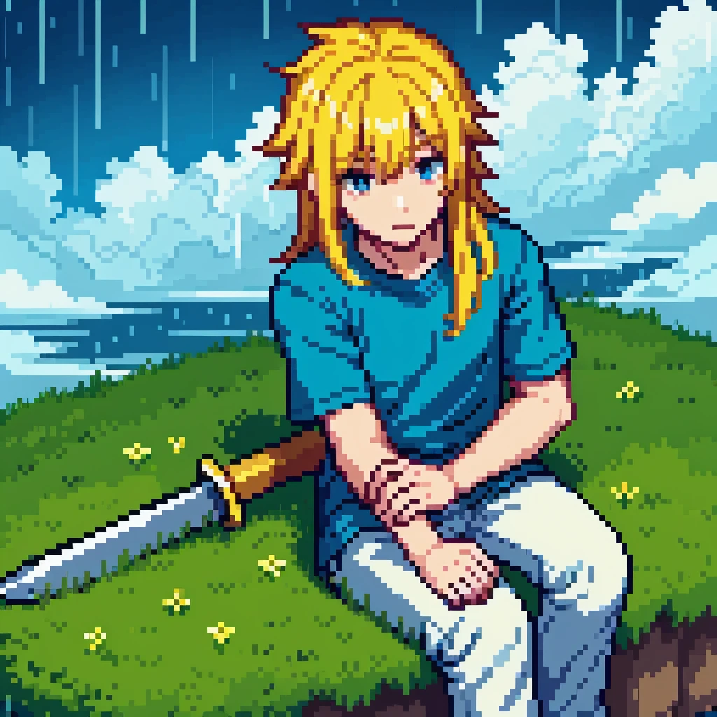 A boy with long yellow hair, sitting on a cut tree, watching clouds blowing with rain, his face is sad, he wears a blue shirt and has a sword Made of grass, (maximum quality, maximum details, 4k, 8k, light tones, high polish:1.2, sunlight between clouds, land of oh)