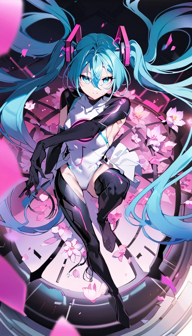 masterpiece, Highest quality, One girl, alone, Long Hair, hatsune miku, Twin tails, very Long Hair, bodysuit, Blue Hair, gloves, whole body, blue eyes, floating, View your viewers, hair ornaments, No sleeve, black gloves, Multicolored Hair, Facial blemishes, No sleeve ドレス, flower, Part your lips, absurdly Long Hair, elbow gloves, White Dress, Hair between the eyes, 