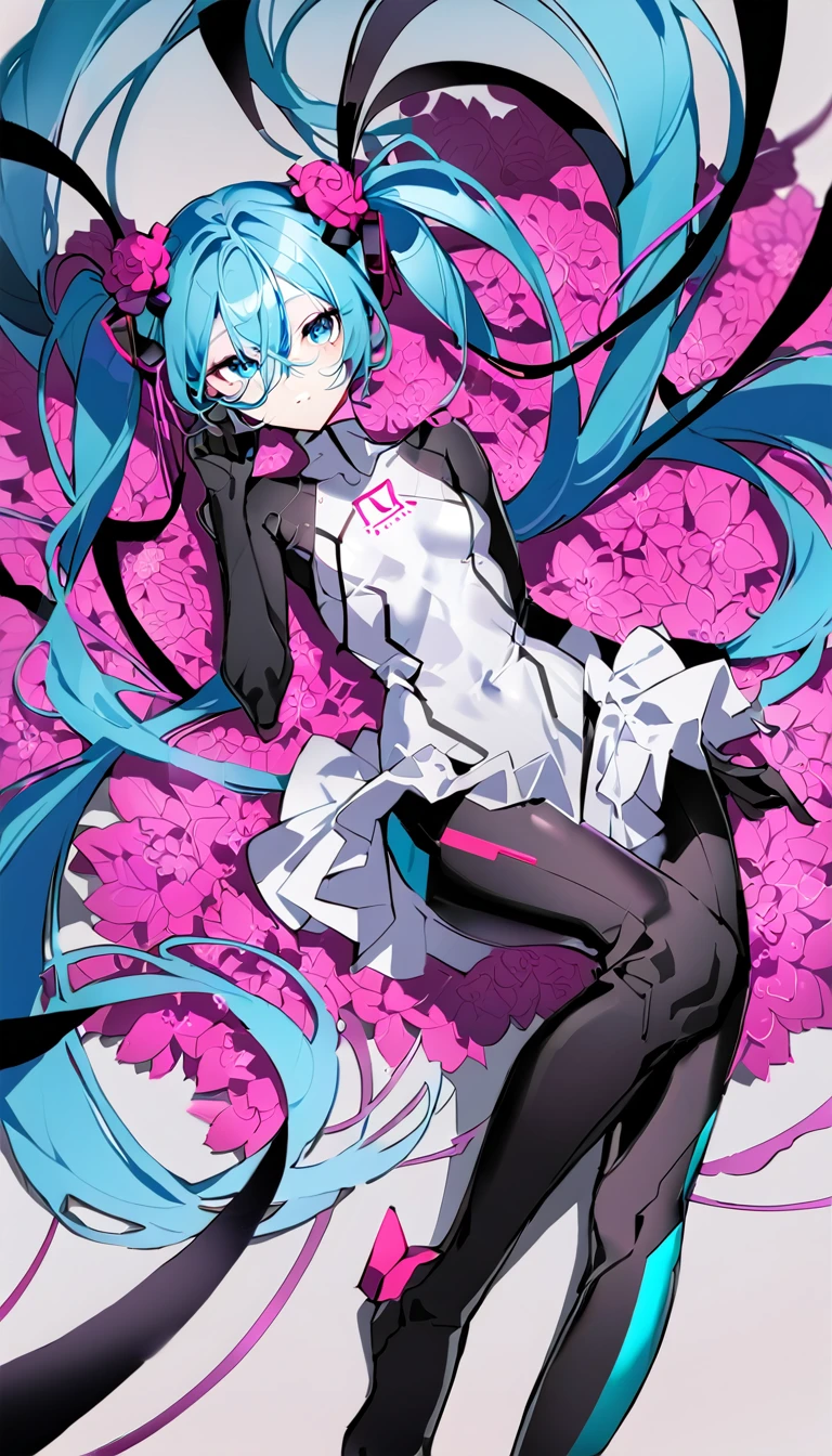 masterpiece, Highest quality, One girl, alone, Long Hair, hatsune miku, Twin tails, very Long Hair, bodysuit, Blue Hair, gloves, whole body, blue eyes, floating, View your viewers, hair ornaments, No sleeve, black gloves, Multicolored Hair, Facial blemishes, No sleeve ドレス, flower, Part your lips, absurdly Long Hair, elbow gloves, White Dress, Hair between the eyes,