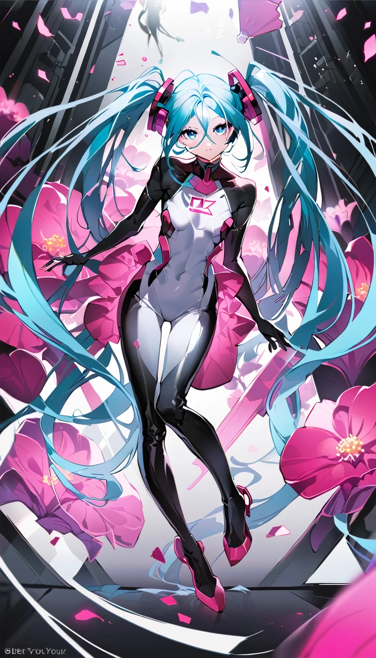 masterpiece, Highest quality, One girl, alone, Long Hair, hatsune miku, Twin tails, very Long Hair, bodysuit, Blue Hair, gloves, whole body, blue eyes, floating, View your viewers, hair ornaments, No sleeve, black gloves, Multicolored Hair, Facial blemishes, No sleeve ドレス, flower, Part your lips, absurdly Long Hair, elbow gloves, White Dress, Hair between the eyes, 