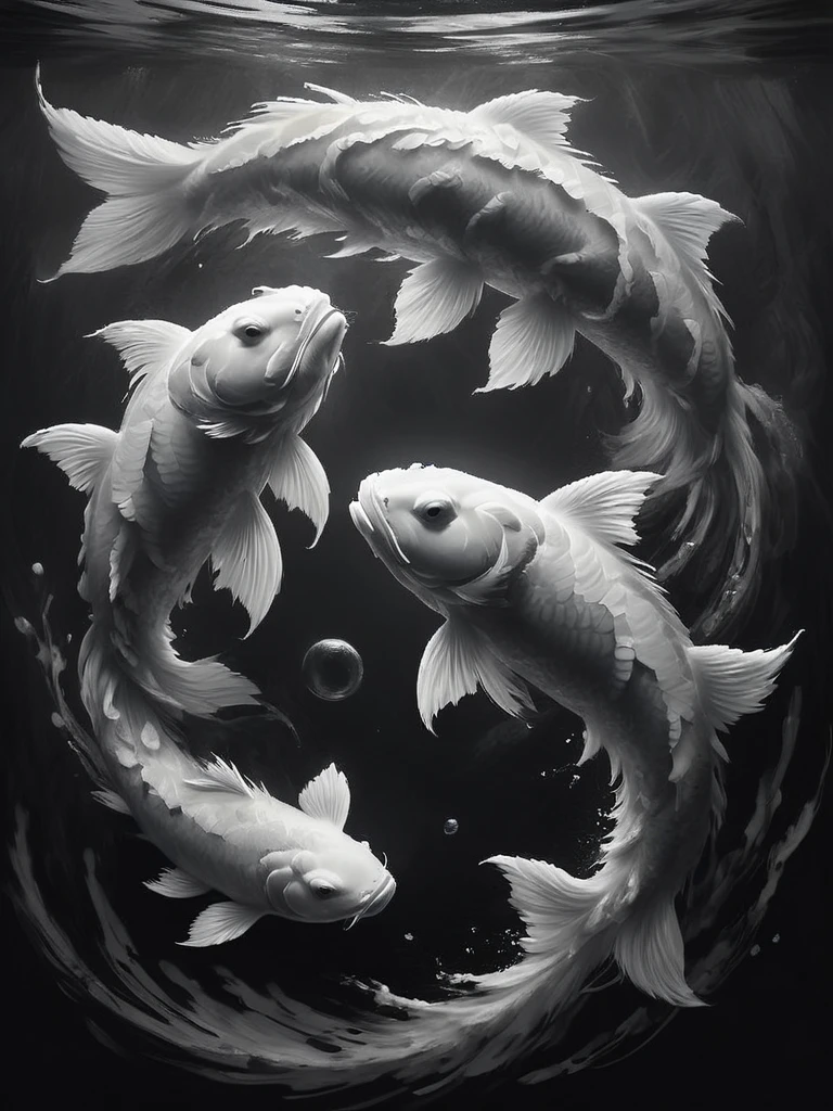 stunning black and white graphite sketch of Koi fish forming the yin/yang symbol in a pond, panoramic shot, from The Lord Of The Rings trilogy, in dynamic pose, by Anna Razumovskay, (by Alyssa Monks:1.1), by Joseph Lorusso, by Lilia Alvarado, beautiful lighting, sharp focus, 8k, high res, (pores:0.1), (sweaty:0.8), Masterpiece, Nikon Z9, Award - winning photograph, --ar 16:9 --style raw --stylize 750 --niji 6, perfect composition, beautiful detailed intricate insanely de