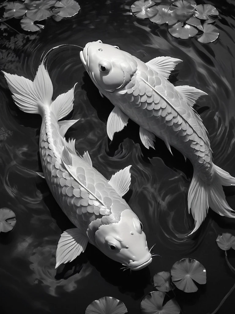 stunning black and white graphite sketch of Koi fish forming the yin/yang symbol in a pond, panoramic shot, from The Lord Of The Rings trilogy, in dynamic pose, by Anna Razumovskay, (by Alyssa Monks:1.1), by Joseph Lorusso, by Lilia Alvarado, beautiful lighting, sharp focus, 8k, high res, (pores:0.1), (sweaty:0.8), Masterpiece, Nikon Z9, Award - winning photograph, --ar 16:9 --style raw --stylize 750 --niji 6, perfect composition, beautiful detailed intricate insanely de