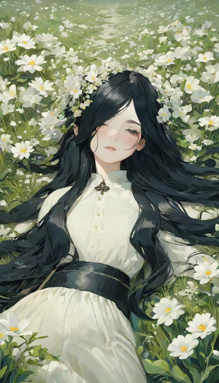  (oil:1.5),
\\
A woman with long black hair and white flowers in her hair is lying in a field of white flowers。, (Amy Sol:0.248), (Stanley Artjam Lau:0.106), (Detailed painting:0.353), (Gothic art:0.106)