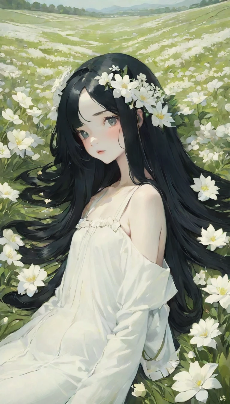 (oil:1.5),
\\
A woman with long black hair and white flowers in her hair is lying in a field of white flowers。, (Amy Sol:0.248), (Stanley Artjam Lau:0.106), (Detailed painting:0.353), (Gothic art:0.106)