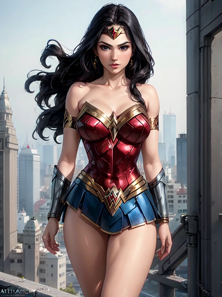wonder woman, ((wearing a white Real Madrid tshirt)), (pretty face:1.2), (finely detailed face and beautiful eyes), mature female, muscle, bare hands, (armlet, blue armor skirt, bracer, head ring ), (black eyes, black long hair, messy hair, floating hair), ((white Real Madrid tshirt)), (long proportional legs), (best quality:1.1),(city background:1.2), dark_fantasy, wind, 35mm lens, f/1.4, 8K, ((masterpiece)), trending on Artstation, DeviantArt, Mucha, Rutkowski, artgerm