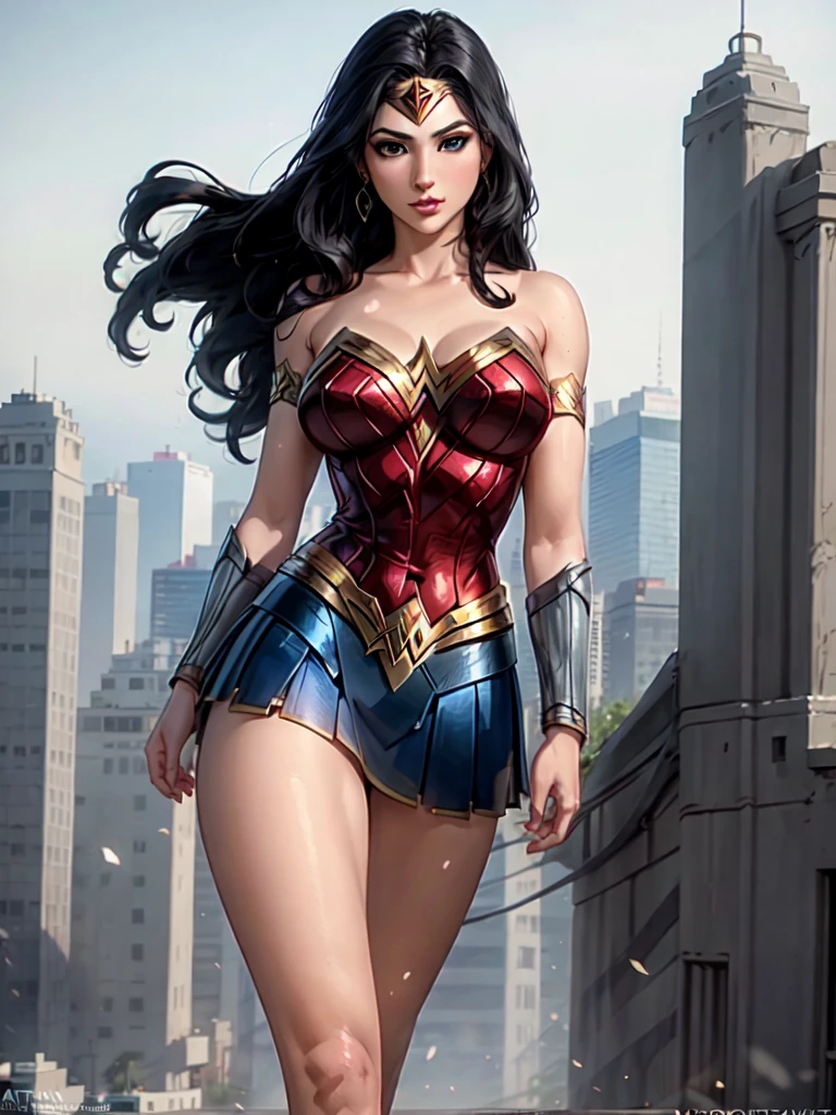 wonder woman, ((wearing a white Real Madrid tshirt)), (pretty face:1.2), (finely detailed face and beautiful eyes), mature female, muscle, bare hands, (armlet, blue armor skirt, bracer, head ring ), (black eyes, black long hair, messy hair, floating hair), ((white Real Madrid tshirt)), (long proportional legs), (best quality:1.1),(city background:1.2), dark_fantasy, wind, 35mm lens, f/1.4, 8K, ((masterpiece)), trending on Artstation, DeviantArt, Mucha, Rutkowski, artgerm