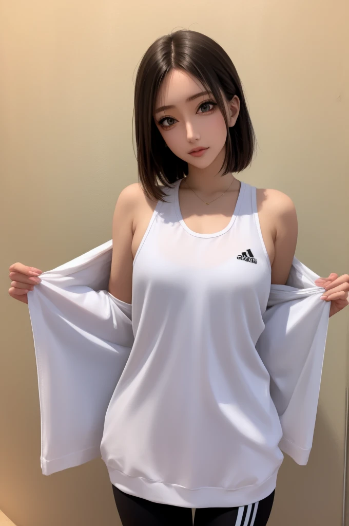 1girl, yoga pants, tank top, oversized clothes, adidas, cowboy shot,, masterpiece, best quality, highly detailed