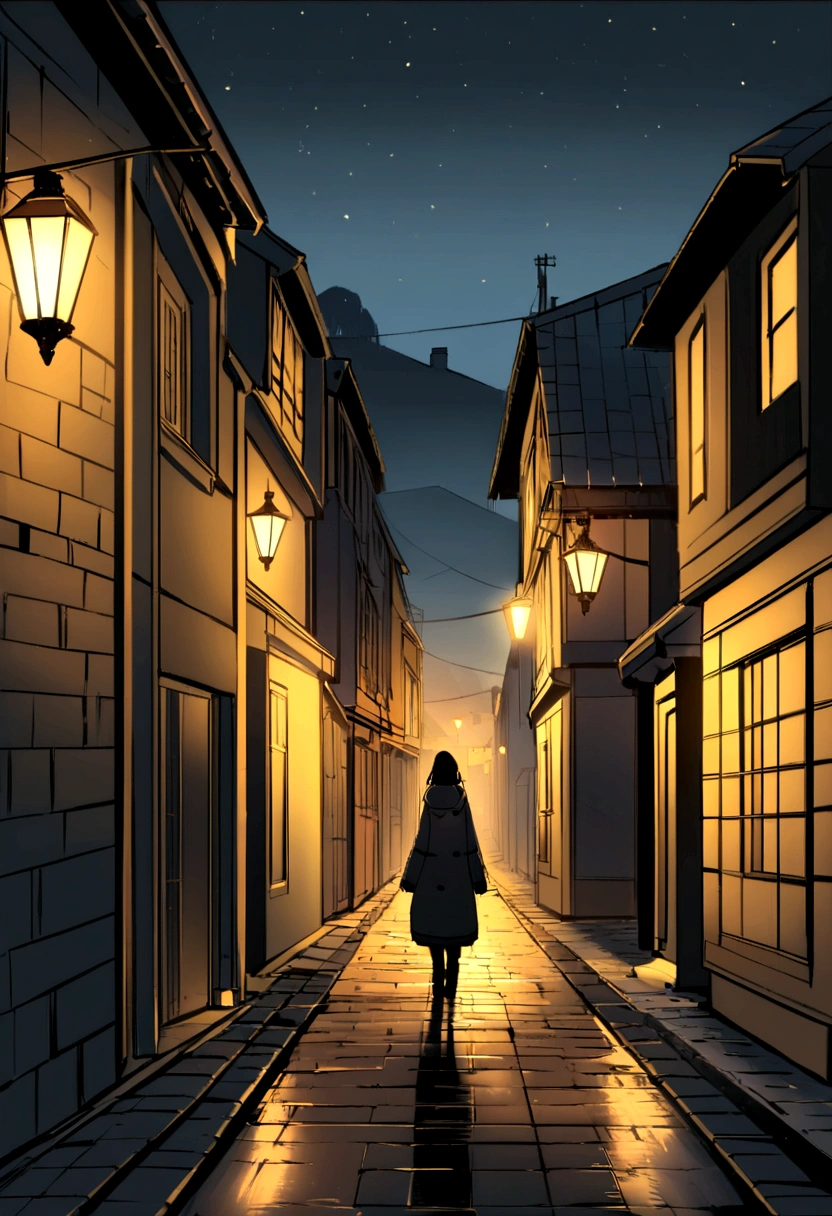 Create a scene, at night, on a dark street inspired by the streets of London, lit only by the yellow light of a distant streetlight. the street tiles are wet and fog hangs in the air. The street is deserted, only two young people stand out in the landscape. A girl wearing white warm clothes and black hair and a boy wearing black warm clothes and blond hair. A cat walking along the wall of one of the houses. (the scene needs to have a noir atmosphere)