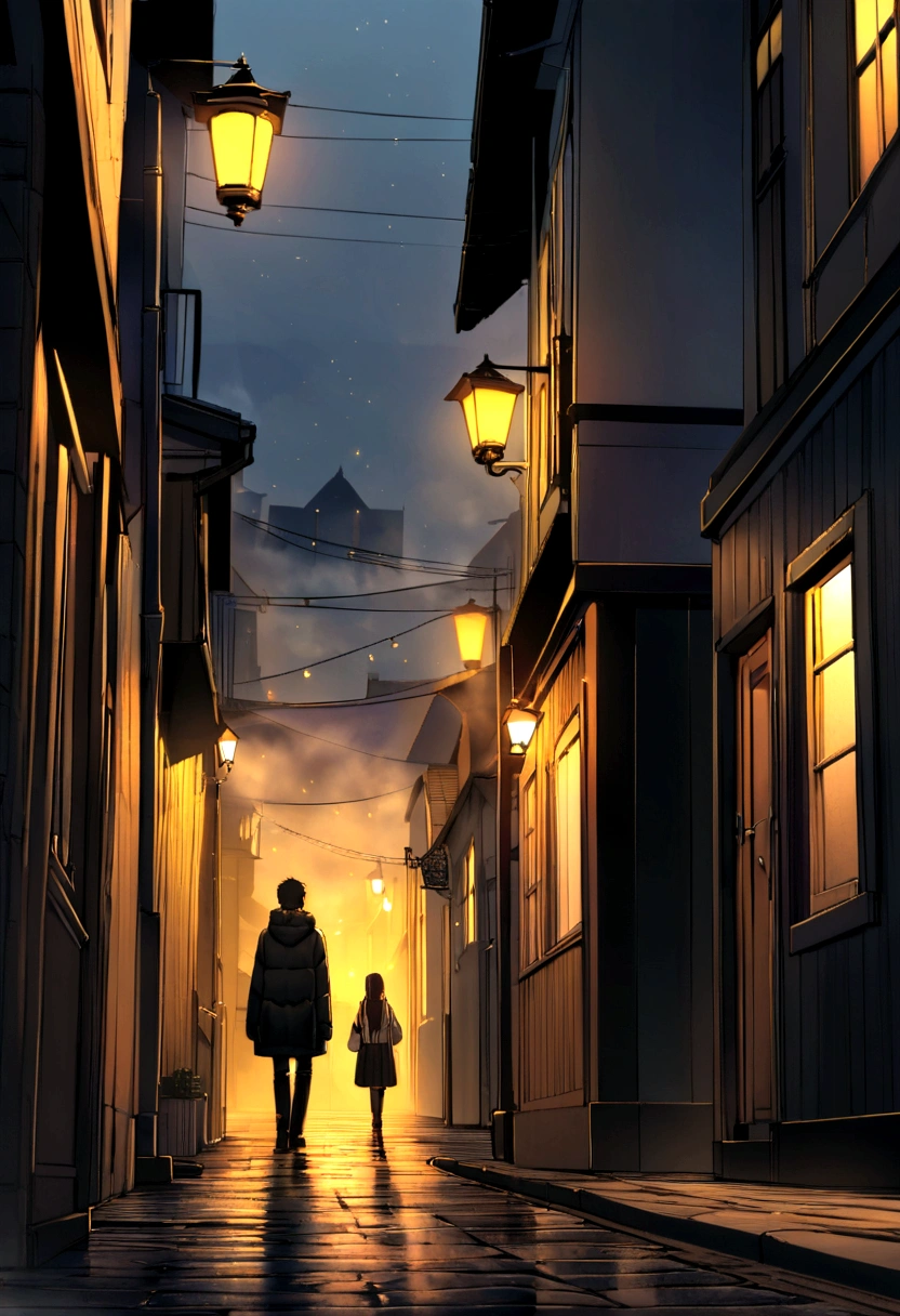 Create a scene, at night, on a dark street inspired by the streets of London, lit only by the yellow light of a distant streetlight. the street tiles are wet and fog hangs in the air. The street is deserted, only two young people stand out in the landscape. A girl wearing white warm clothes and black hair and a boy wearing black warm clothes and blond hair. A cat walking along the wall of one of the houses. (the scene needs to have a noir atmosphere)