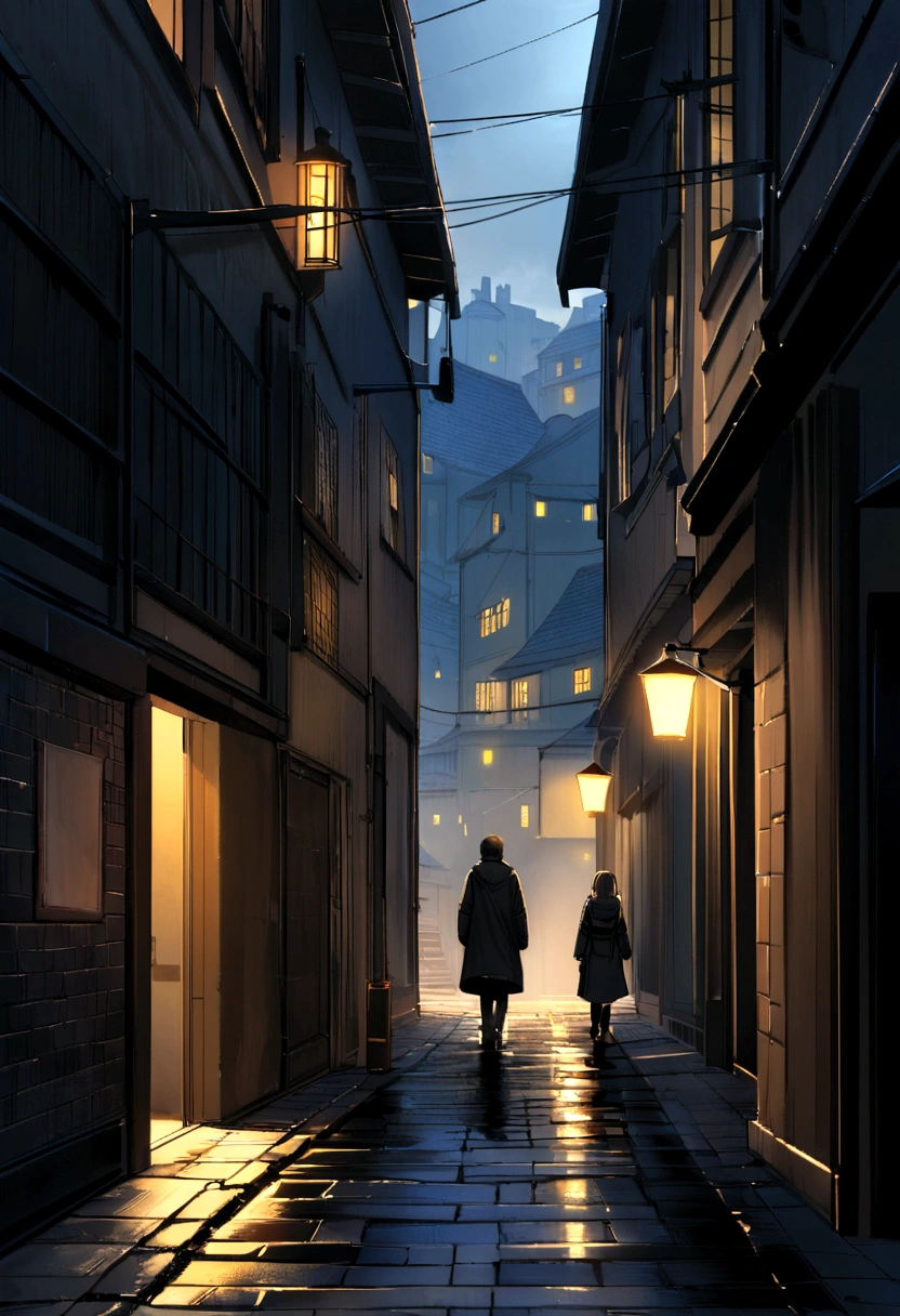 Create a scene, at night, on a dark street inspired by the streets of London, lit only by the yellow light of a distant streetlight. the street tiles are wet and fog hangs in the air. The street is deserted, only two young people stand out in the landscape. A girl wearing white warm clothes and black hair and a boy wearing black warm clothes and blond hair. A cat walking along the wall of one of the houses. (the scene needs to have a noir atmosphere)