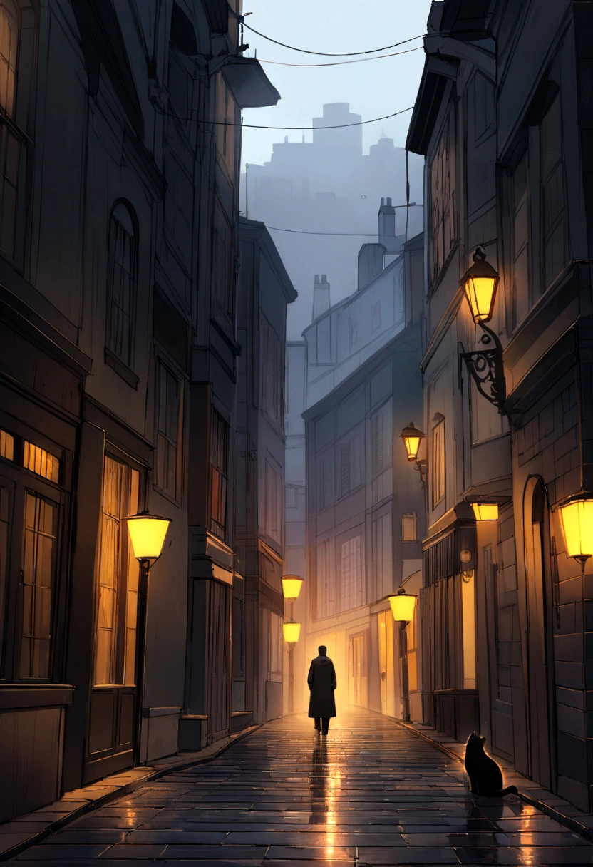 Create a scene, at night, on a dark street inspired by the streets of London, lit only by the yellow light of a distant streetlight. the street tiles are wet and fog hangs in the air. The street is deserted, only one man stands out in the landscape. A man wears white warm clothes and black hair. A walking cat on the wall of one of the houses. (the scene needs to have a noir atmosphere)