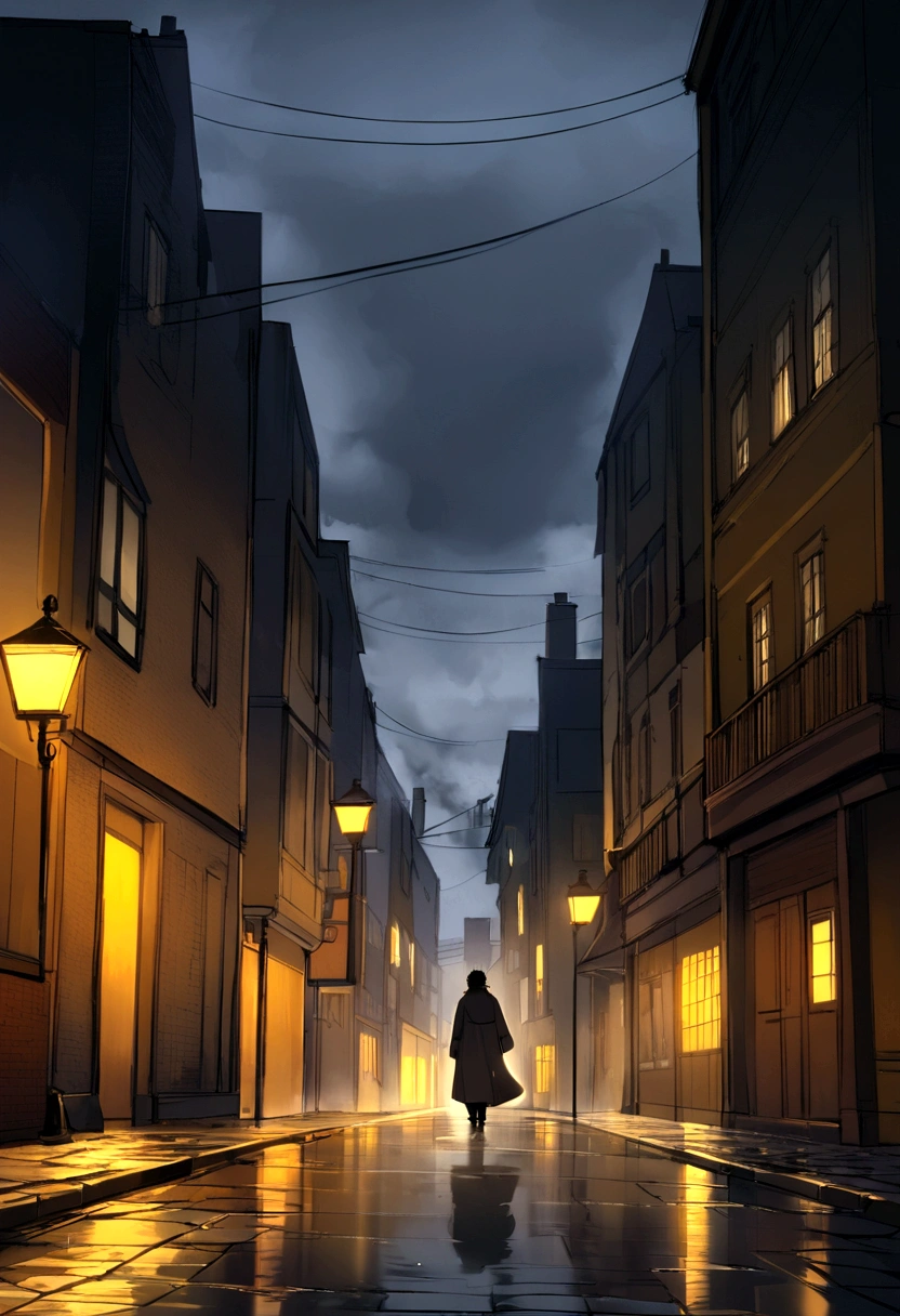 Create a scene, at night, on a dark street inspired by the streets of London, lit only by the yellow light of a distant streetlight. the street tiles are wet and fog hangs in the air. The street is deserted, only one man stands out in the landscape. A man wears white warm clothes and black hair. A walking cat on the wall of one of the houses. (the scene needs to have a noir atmosphere)