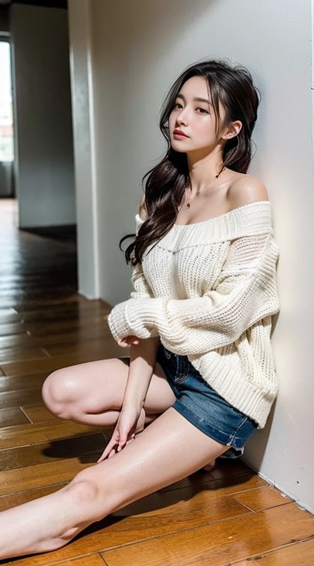 Dark brown hair、Light brown eyes、Japanese actress、 Lady、I am about 40 years old...、(Intricate details:1.2)、(Which is the top???:1.4)、 (Ultra-high resolution:1.2)、Ultra-high resolution、(Finely tuned)、(Detailed facial features)、Hmph、8K resolution、D cup size breasts、Long Hair、Bright bathroom with sunlight shining in、Large windows、Extravagant space、relax、、,Full body photo、Head to toe shot、Beautiful feet、Loose-fitting sweater、Swimsuit Shorts、Beautiful feet、A refreshing room filled with sunlight、she, household items, (plant:0.8), Fashion Hub, Attention to detail, Very detailed, Realistic, Hourglass Shaped Body, Obscene pose,、Messy Hair、Messy ponytail、Leaning against a wall、私 cry a lot、tears、person on the left、White wall、White floor、