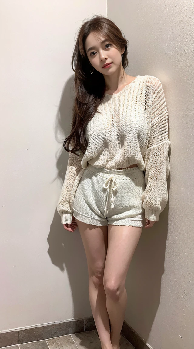 Dark brown hair、Light brown eyes、Japanese actress、 Lady、I am about 40 years old..、(Intricate details:1.2)、(Which one is on top??:1.4)、 (Ultra-high resolution:1.2)、Ultra-high resolution、(Finely tuned)、(Detailed facial features)、Hmph、8K resolution、D cup size breasts、Long Hair、Bright bathroom with sunlight shining in、Large windows、Extravagant space、relax、、,Full body photo、Head to toe shot、Beautiful legs、Loose-fitting sweater、Swimsuit Shorts、Beautiful legs、A refreshing room filled with sunlight、she, household items, (plant:0.8), Fashion Hub, Extreme Detail, Very detailed, Realistic, Hourglass-shaped body, Obscene pose,、Messy Hair、Messy ponytail、Leaning against a wall、私 cry a lot、tears、person on the left、White wall、White floor、