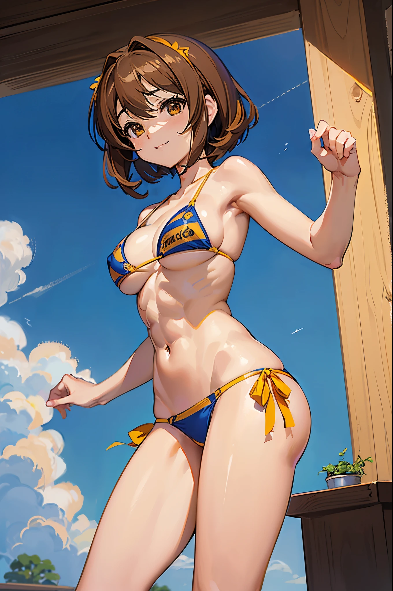 masterpiece, best quality, ultra detailed, ultra high resolution, very detailed face, (((solo))), ((kyoani haruhi style)), top down angle, 20 years old girl, slim, ((Haruhi Suzumiya)), (((bikini))), (((darkbrown short bob hair))), (((large breast))), (six pack abs:1.2), little smile, in the room
