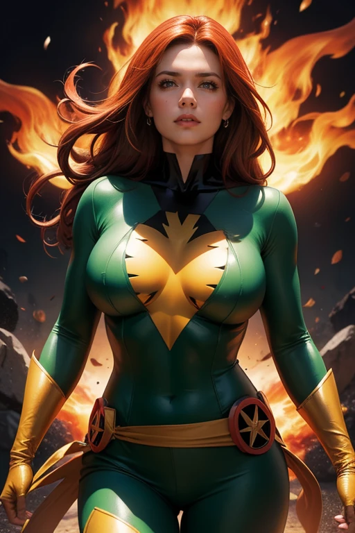Jeangrey,X-men,Pheonixcostume,superhero,vibrantcolors,fierceexpression,detailedeyes,longredhair,burningflames,telekinesis,emotional,intensebattle,mysticalbackground,bestquality,highreshighlightedoutline,comicbookstyle,widescreenformat,contrastadjusted,hdr,crispdetails,energeticlighting, large breasts, sexy