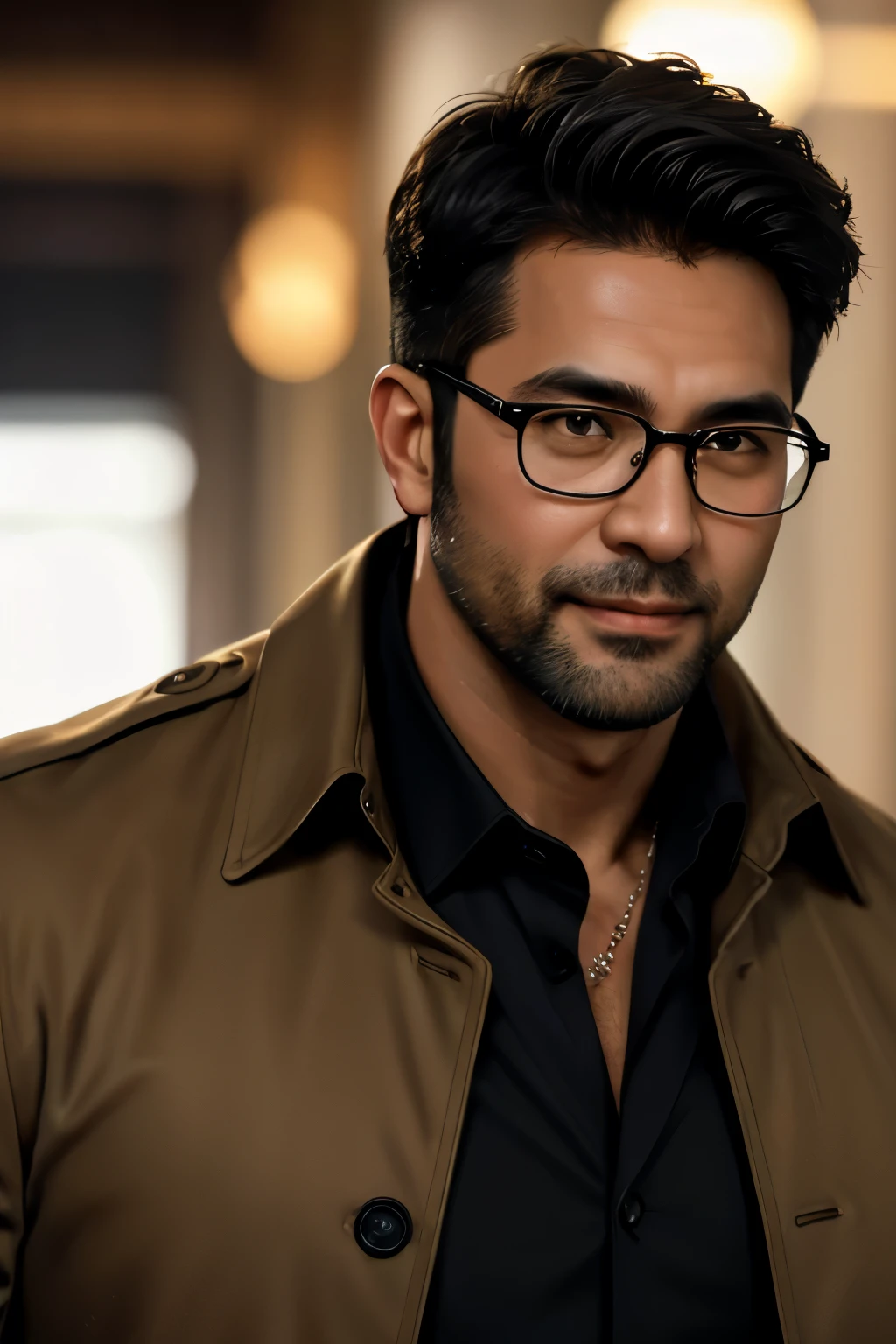 An original award-winning photo,A wild muscular man, (40 years old daddy:1.1), 1st grade, standing alone, (trenchcoat marrom), (black dress shirt), (large shoulders, stubbles, short beard, Beautiful eyes:1.3, ), (face detailed:1.3), wearing glasses, smiles, Dynamic angle, Volumetric lighting, (best quality, A high resolution, photorrealistic), Cinematic lighting, master part, Foto RAW, details Intricate, HDR, Depth of field, upper-body shot, dadbody, hairy(stocky), beefy