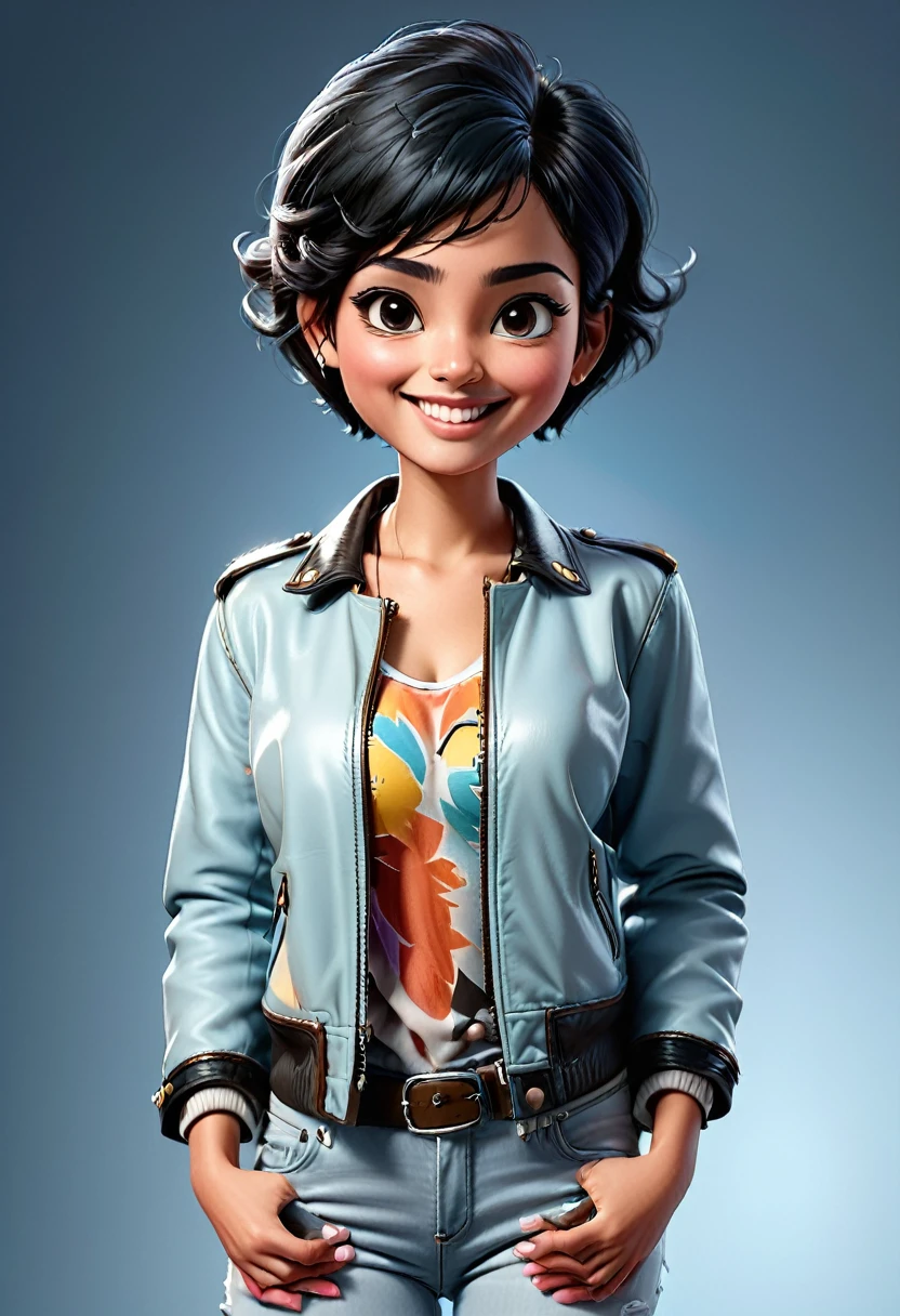 Create cartoonish caricature 3D animation with a big head. a 17 year old Indonesian woman. She has short, black pixie-cut hair. Her face is oval-shaped with smooth lines, thick and neat black eyebrows, normal eyes, a small pointed nose, and thin lips with a wide, friendly smile. She is wearing a light blue leather jacket over a white t-shirt. Gradient blue background with professional lighting. masterpiece, top quality, skin and face very detailed, ultra-realistic, high definition, studio lighting, sharp focus, body angle 2/3, Concept Art, 3D render.
