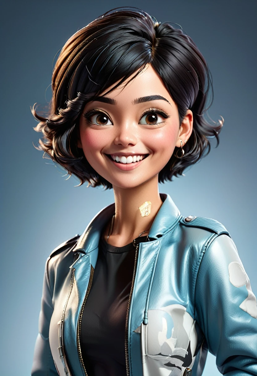Create cartoonish caricature 3D animation with a big head. a 17 year old Indonesian woman. She has short, black pixie-cut hair. Her face is oval-shaped with smooth lines, thick and neat black eyebrows, normal eyes, a small pointed nose, and thin lips with a wide, friendly smile. She is wearing a light blue leather jacket over a white t-shirt. Gradient blue background with professional lighting. masterpiece, top quality, skin and face very detailed, ultra-realistic, high definition, studio lighting, sharp focus, body angle 2/3, Concept Art, 3D render.