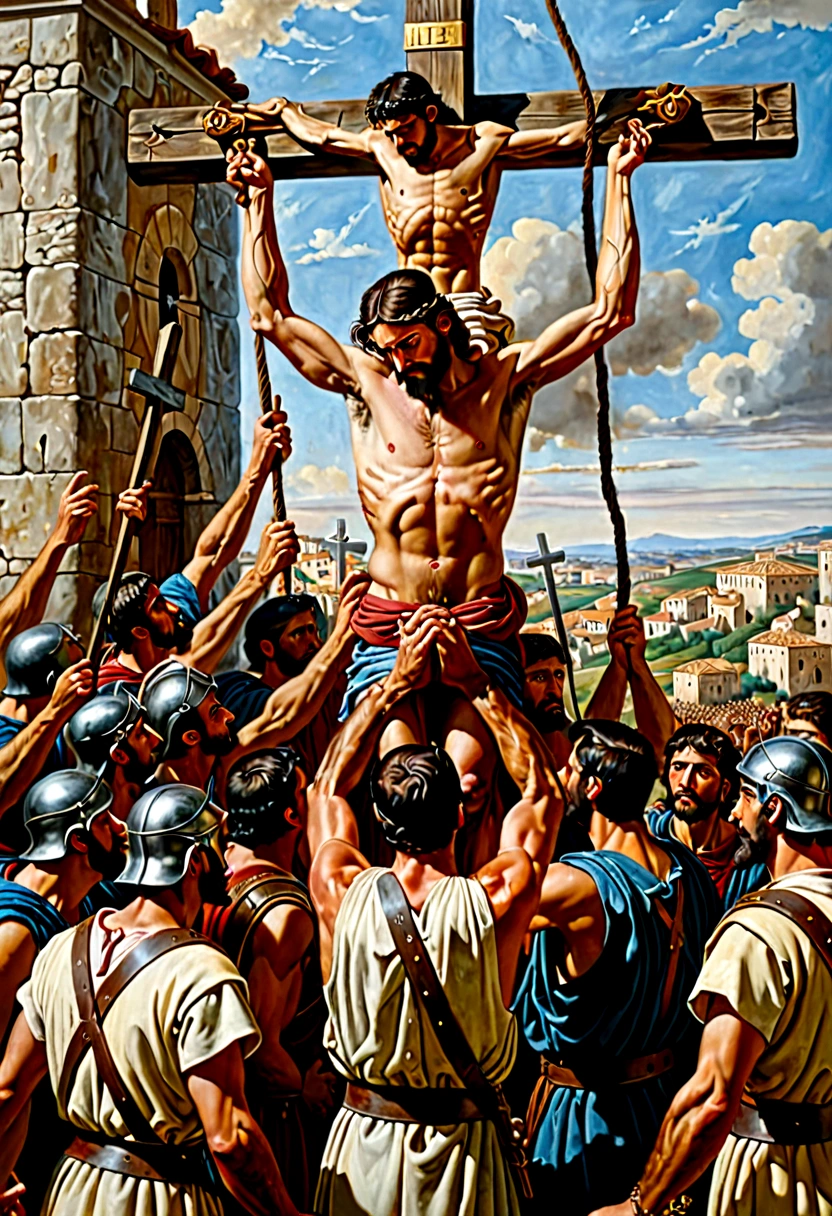 Por favor, create an image of a man hanging on a cross, beyond Jesus, an expression of suffering, with Roman soldiers around you, and people looking around, a scene seen from middle distance, with details that refer to the historical environment. ultrarealistic, oil painting, 8K.