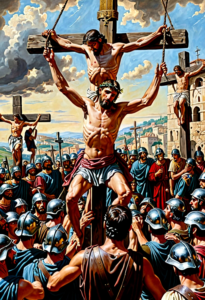 Por favor, create an image of a man hanging on a cross, beyond Jesus, an expression of suffering, with Roman soldiers around you, and people looking around, a scene seen from middle distance, with details that refer to the historical environment. ultrarealistic, oil painting, 8K.