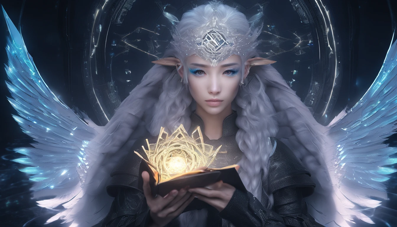 a magical scenery in the background. 🌟✨
!Anime Elf with Magical Background Young elf holds an ancient scroll with frayed edges. The runes and symbols inscribed on it appear to pulse in response to the circle of light. She deciphers the ancient words, seeking to understand its meaning and the purpose of the circle. Magic flows through her, connecting her to the past and future. 🌿🌙✨
The guardian emerges from the shadows of the circle of light, its ethereal and imposing form. He has eyes shining like stars and majestic wings that stretch to his sides.. Your skin is marked by ancient runes, and he holds a staff adorned with luminous crystals. The guardian whispers ancient secrets to the elf, revealing the purpose of the circle and the destiny that awaits her. She kneels, humble and reverent, ready to accept her role in the great mystery that unfolds. 🌟🔮✨