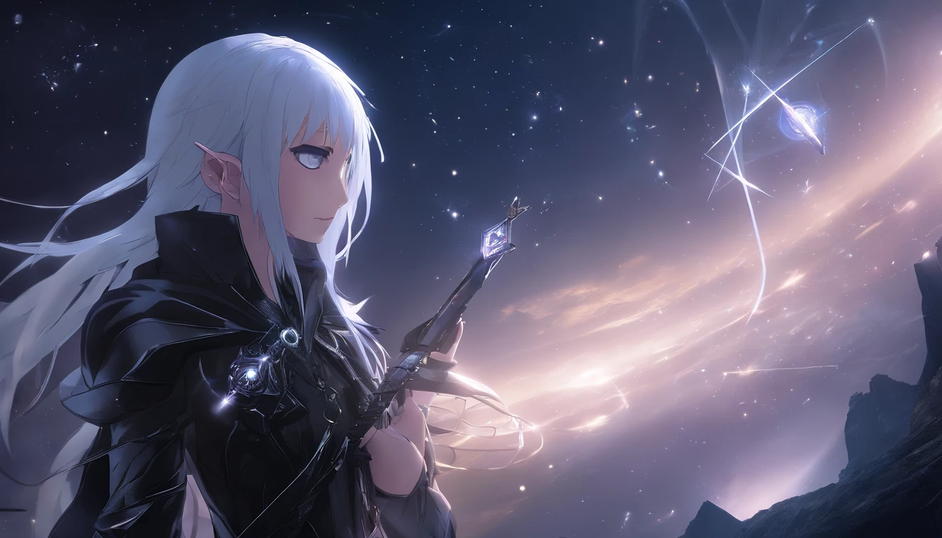 a magical scenery in the background. 🌟✨
!Anime Elf with Magical Background Young elf holds an ancient scroll with frayed edges. The runes and symbols inscribed on it appear to pulse in response to the circle of light. She deciphers the ancient words, seeking to understand its meaning and the purpose of the circle. Magic flows through her, connecting her to the past and future. 🌿🌙✨
The guardian emerges from the shadows of the circle of light, its ethereal and imposing form. He has eyes shining like stars and majestic wings that stretch to his sides.. Your skin is marked by ancient runes, and he holds a staff adorned with luminous crystals. The guardian whispers ancient secrets to the elf, revealing the purpose of the circle and the destiny that awaits her. She kneels, humble and reverent, ready to accept her role in the great mystery that unfolds. 🌟🔮✨