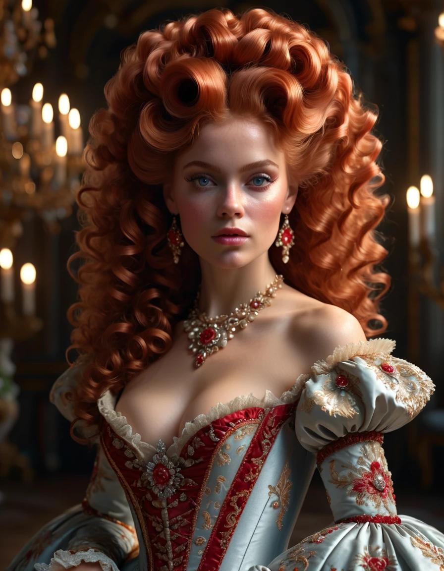 "beautiful rococo princess", elaborate gown, massive curly red rococo hair, head and shoulders portrait, finely drawn eyes, 8k resolution concept art portrait dynamic lighting hyperdetailed intricately detailed splash art trending on artstation unreal engine 5 volumetric lighting