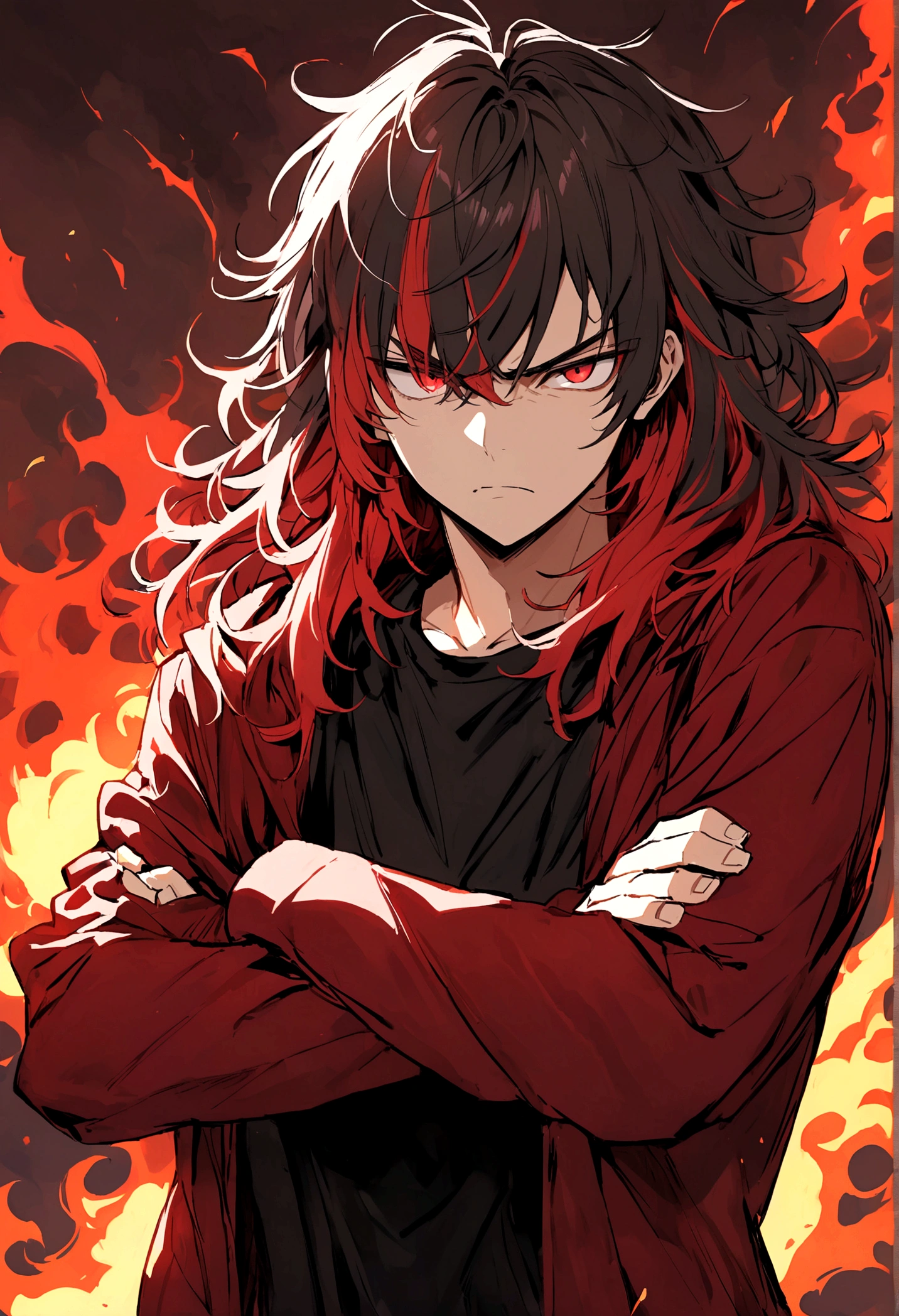 Teenage boy, crossed arms, Messy hair, Medium length hair, hair with bangs covering the left eye, multicolored black and red hair, serious face, dark red eyes, black jersey, dark red loose jacket.