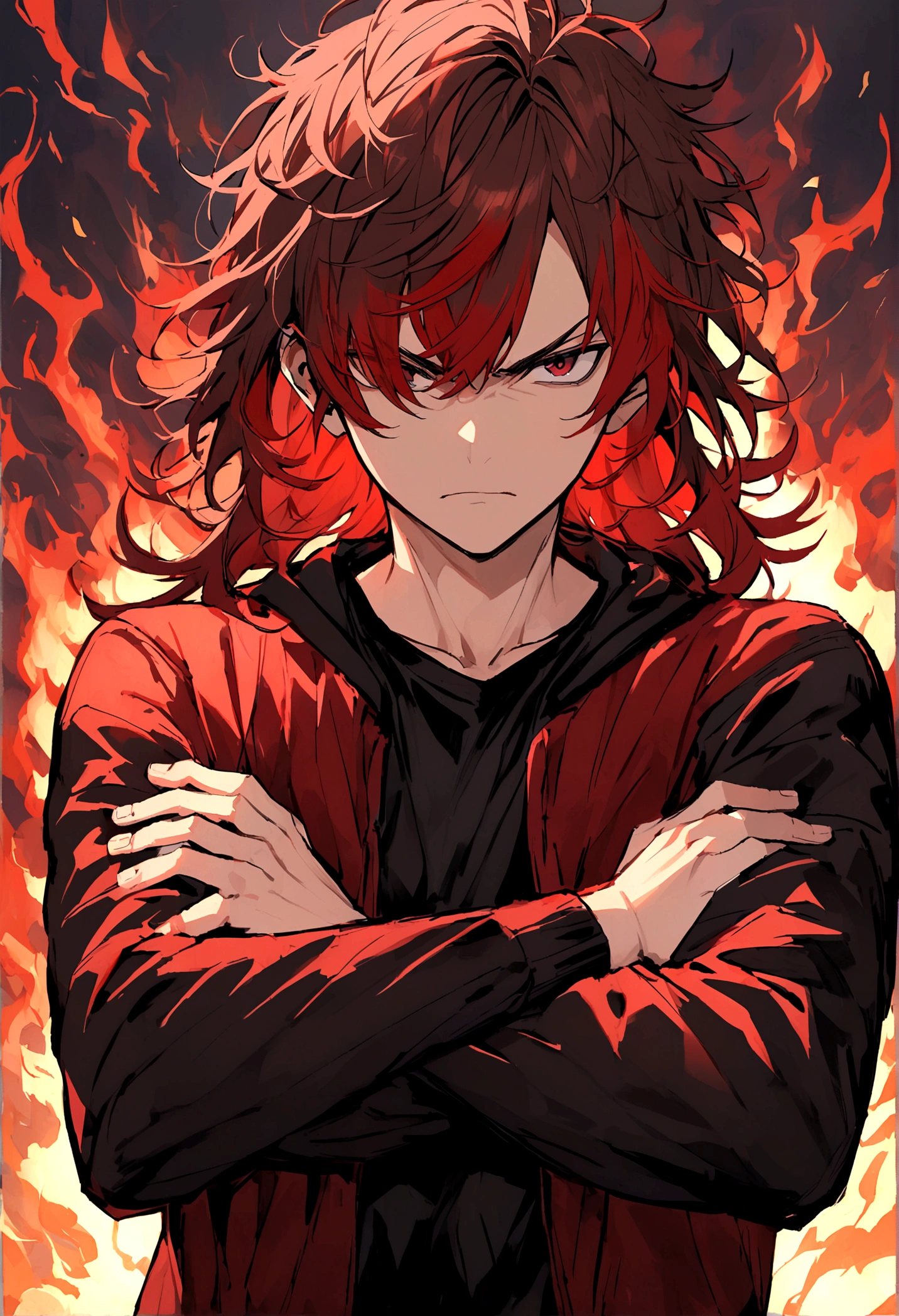 Teenage boy, crossed arms, Messy hair, Medium length hair, hair with bangs covering the left eye, multicolored black and red hair, serious face, dark red eyes, black jersey, dark red loose jacket.