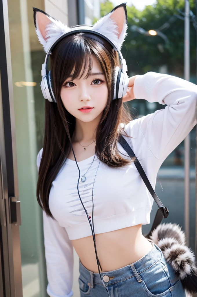 A girl with cat ears is wearing big headphones and listening to music and dancing