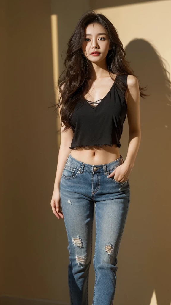 ((Big chest, long hair, small head)), daylight, sunlight, (well-defined abs: 1.1), (perfect body: 1.1), (long wavy hair: 1.2), russet hair, collar, chain, full body photo, (( Extremely detailed CG 8k wallpaper), (extremely delicate and beautiful), (masterpiece), (Best Quality: 1.0), (Ultra Resolution: 1.0), Beautiful Lighting, Perfect Lightning, Realistic Shadows, [High Resolution], Detailed Skins, Ultra Detailed, 25 years old, Malaysian-Chinese muxture race.  Big wavy hair, dark color hair, wear casual elegance and seduce clothes