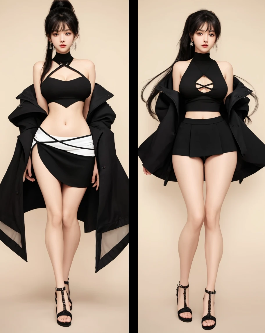 Master of animation, A perfect masterpiece, On a pure white background、Dressed in cool, sexy and modern clothes、Sexy mature modern woman standing, Flowing silver hair, Full Body Stand Posture, Thin legs, Large Breasts, Detailed facial details, Natural and beautiful standing posture, Crisp and realistic body detail,(NSFW:0.5)