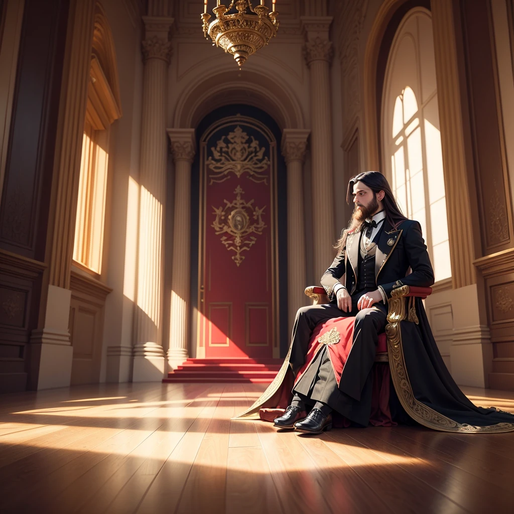 Create an artwork of a Victorian castle and in the middle of the hall there is a red gold throne, Sitting on this red throne is a man with long black hair and a short beard that match his age., he is dressed in black formal clothing and adorned with a red tie