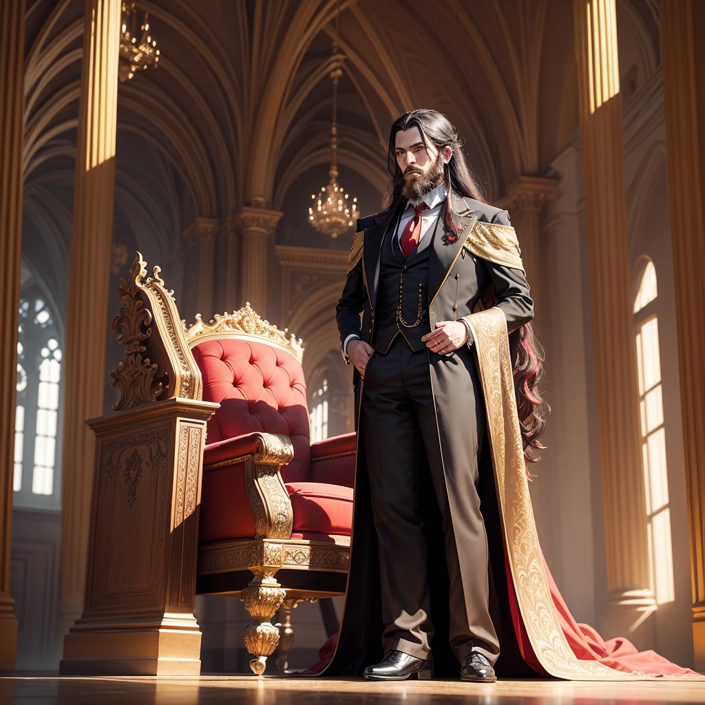 Create an artwork of a Victorian castle and in the middle of the hall there is a red gold throne, Sitting on this red throne is a man with long black hair and a short beard that match his age., he is dressed in black formal clothing and adorned with a red tie