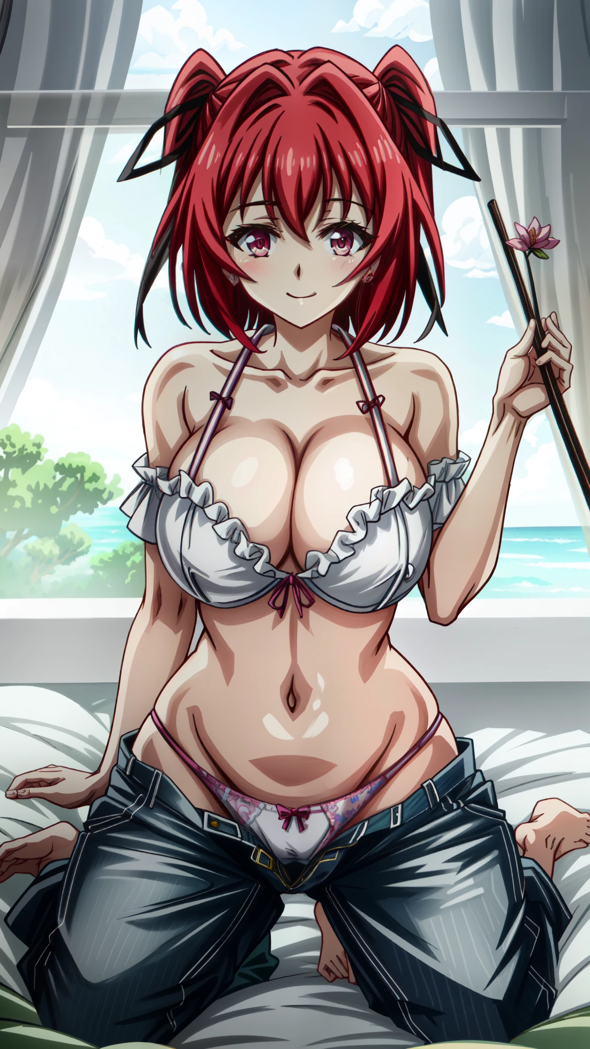 ,(Masterpiece),(Best Quality),(ultra detailed),(best illustration),(best shadow),(absurdities),(detailed background), My Naruse, 1 girl, Red hair, underwear, Bermuda, wide, panties, old, open fly, Love, belly button, hair Love, large old, nightgown, neckline, SMILE, bow panties, two sides up, diaphragm, unzipped, short Bermuda, open Bermuda, denim, session, blossomed, Red eyes, very wide, bedroom, astride