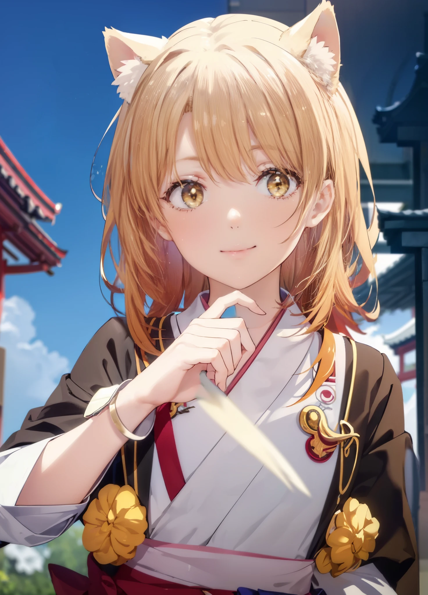 Irohaisshiki, isshiki iroha, Long Hair, Light brown hair, (Brown eyes:1.5), smile,Animal ears,Fox Ears,Animal tails　Fox&#39;s Tail,Flower Hair Ornaments,Yellow Kimono,Long skirt,Sandals,firework in the night sky,firework,The place is a firework display,Time is night,sunny day,イラストにwhole bodyが写っているか確認する,whole bodyがイラストに入るように,
break outdoors, 神社
break looking at viewer,whole body,
break (masterpiece:1.2), Highest quality, High resolution, unity 8k wallpaper, (figure:0.8), (beautiful deしっぽed eyes:1.6), extremely deしっぽed face, Perfect lighting, extremely deしっぽed CG, (Perfect hands, Perfect Anatomy),