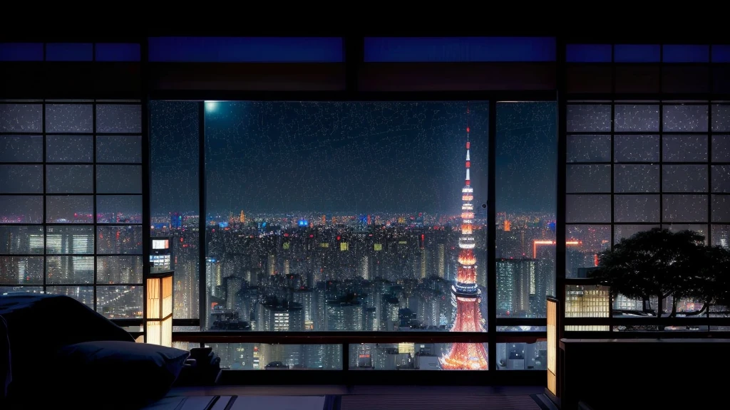 Night city view from the window, Tokyoの屋上を舞台にした, Tokyoアニメシーン, Tokyoの夜は大雨, Tokyoの背景, 未来のTokyoの夜の屋上で, 夜のJapan, 背景にはTokyo, Tokyoの夜の屋上で, Tokyoは未来的で清潔, Tokyo、Japan, neo Tokyoの背景, 夜のJapanの街, 背景にはTokyoの未来が見える