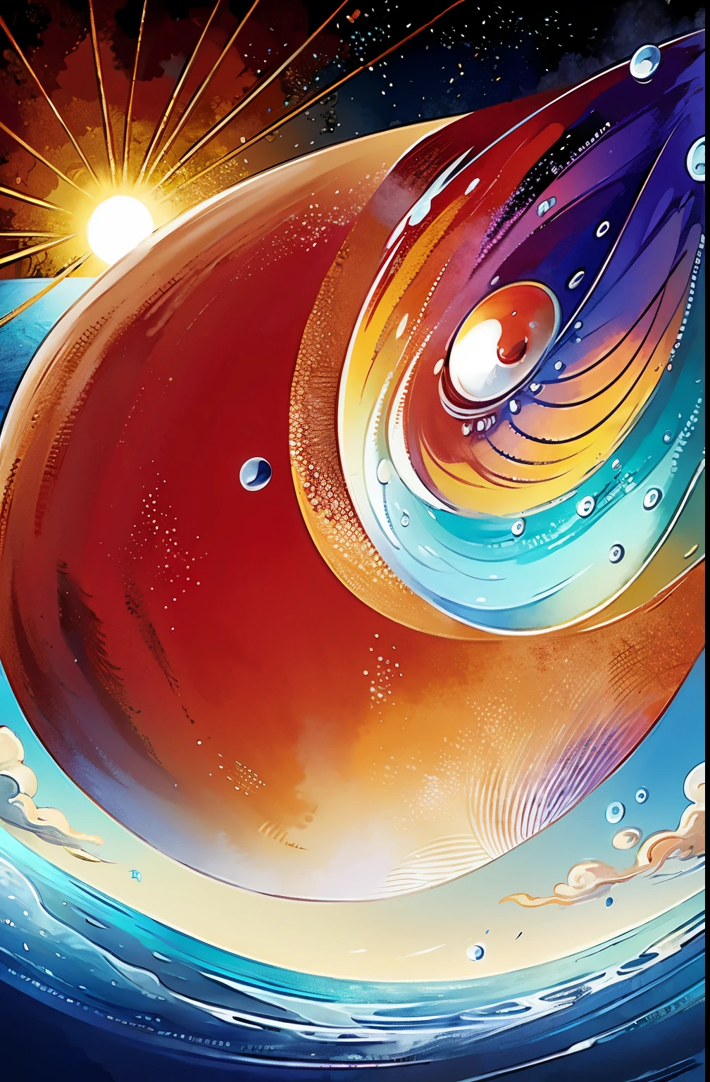 Ocean、horizontal line、(Big red sun)、Strong sunlight、Sun reflected on the water、(Anime Style)、masterpiece, Super detailed, A magnificent composition, Ultra HD, high quality, Very detailed, Official Art, Unified 8k wallpaper, Super detailed, 32k -- V 6