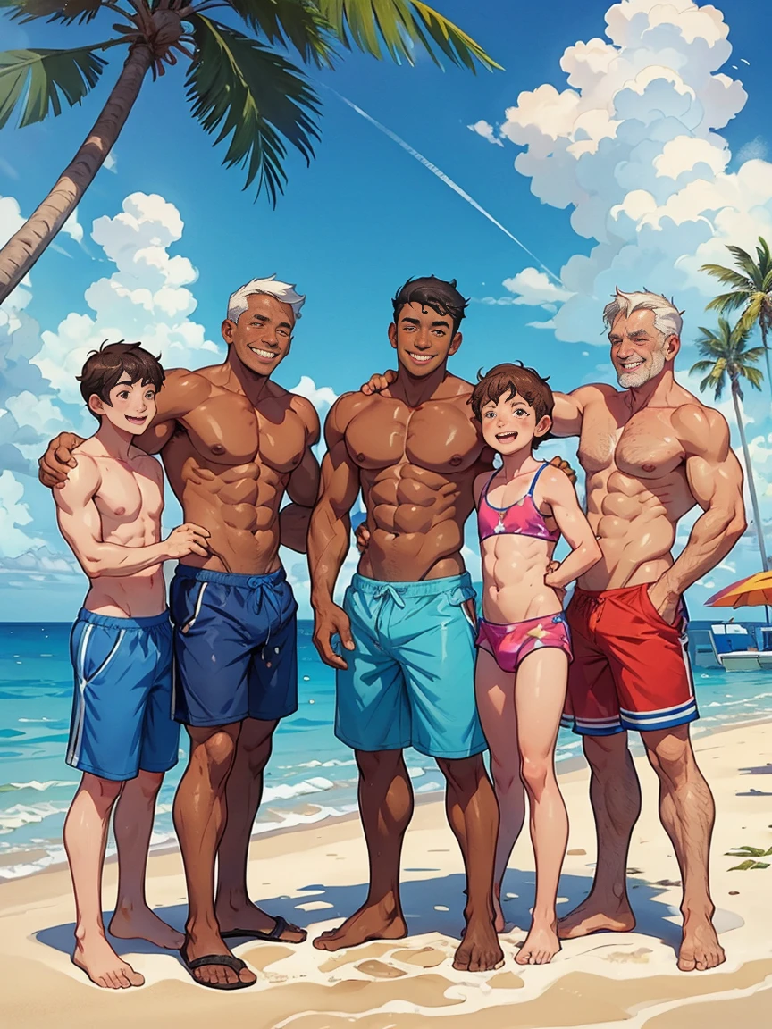 Five characters in a scene (boys having fun). five boys, sweaty, smiling, oily skin, delicate body, wearing swim trunks, having fun on a beach (blue sky, palm trees), older men admiring the boys.